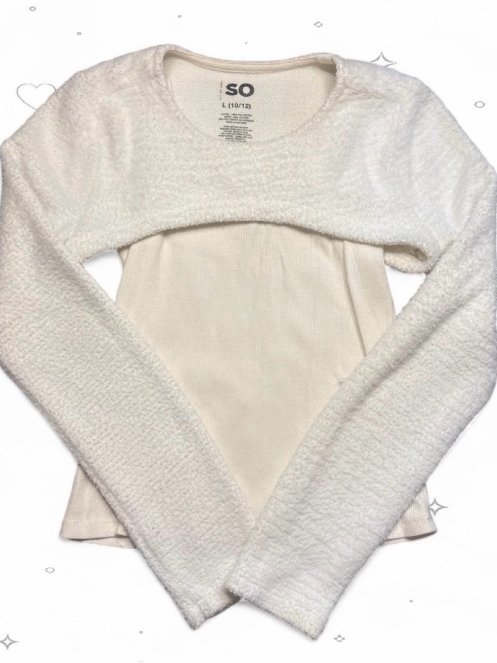SO Girls White Fuzzy Layered Ribbed Long Sleeve Top Size L (10/12)